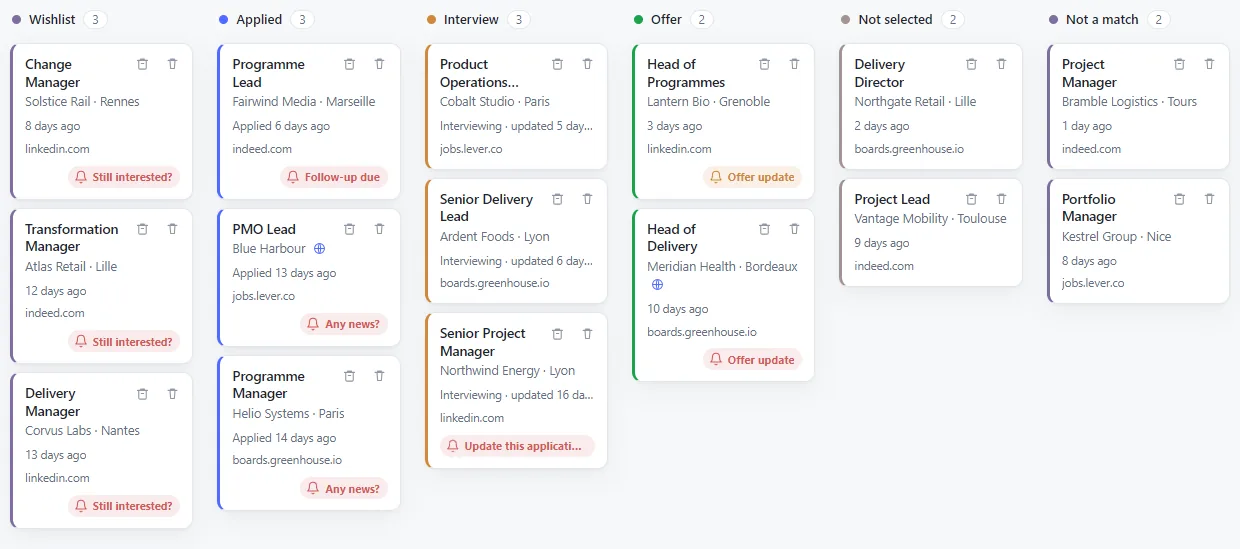 The jobs board in kanban view, with cards grouped by application status.