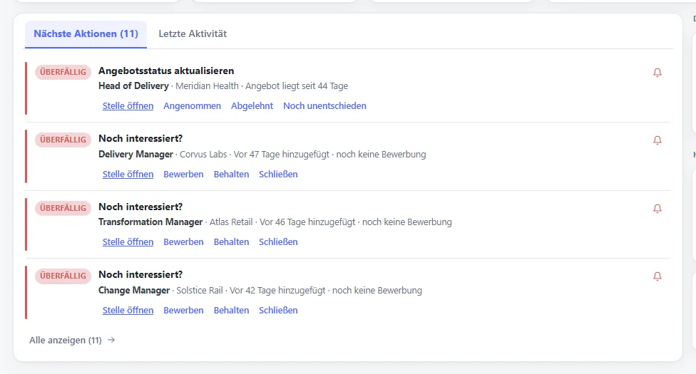 Die Liste der nächsten Aktionen in der Übersicht, mit den Bewerbungen, bei denen sich Nachfassen lohnen könnte.