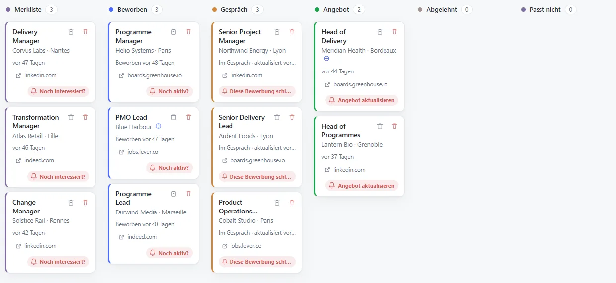 Das Stellenboard in der Kanban-Ansicht, die Karten nach Bewerbungsstatus gruppiert.