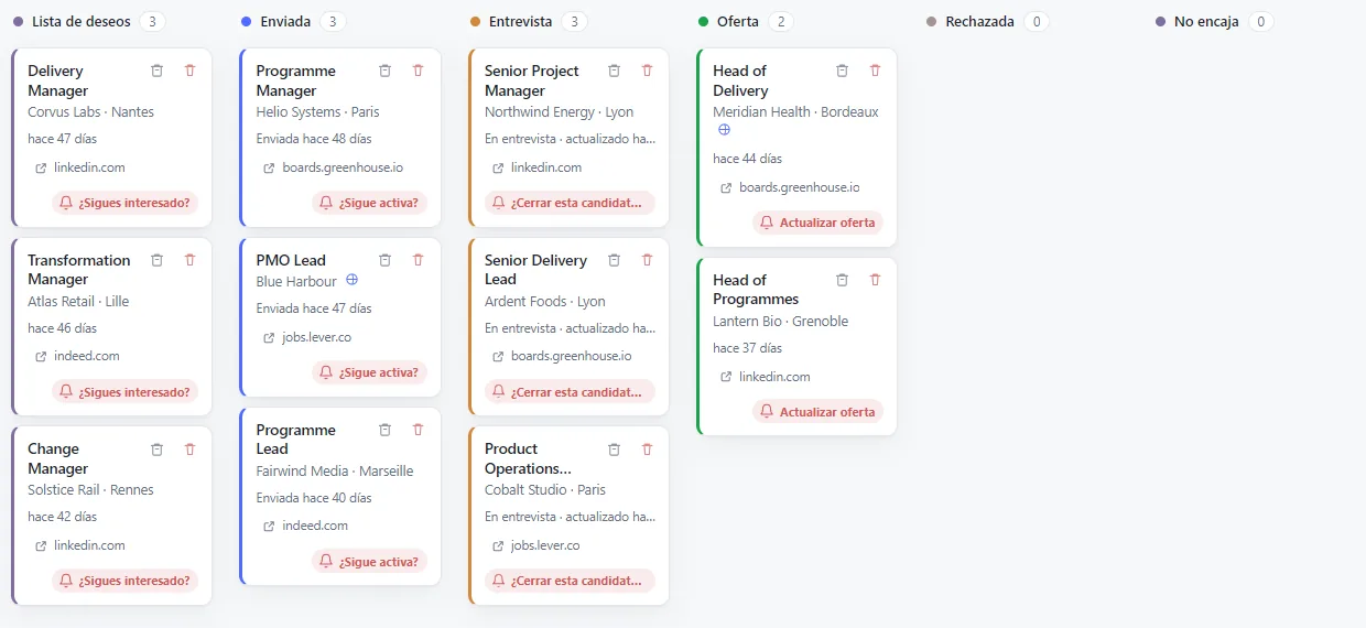 El tablero de empleos en vista kanban, con las tarjetas agrupadas por estado de candidatura.